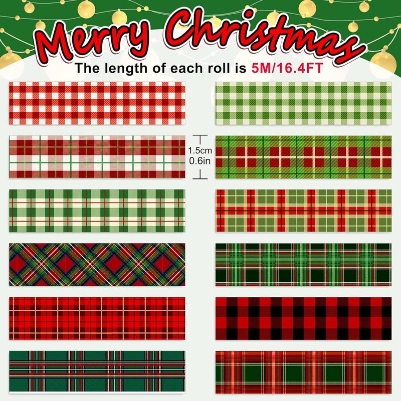 Whaline 12 Rolls Christmas Washi Tape Buffalo Plaid Pattern Red Black Green Xmas Holiday Masking Tape for Scrapbook Journal DIY Craft Gift Wrapping - Image 2